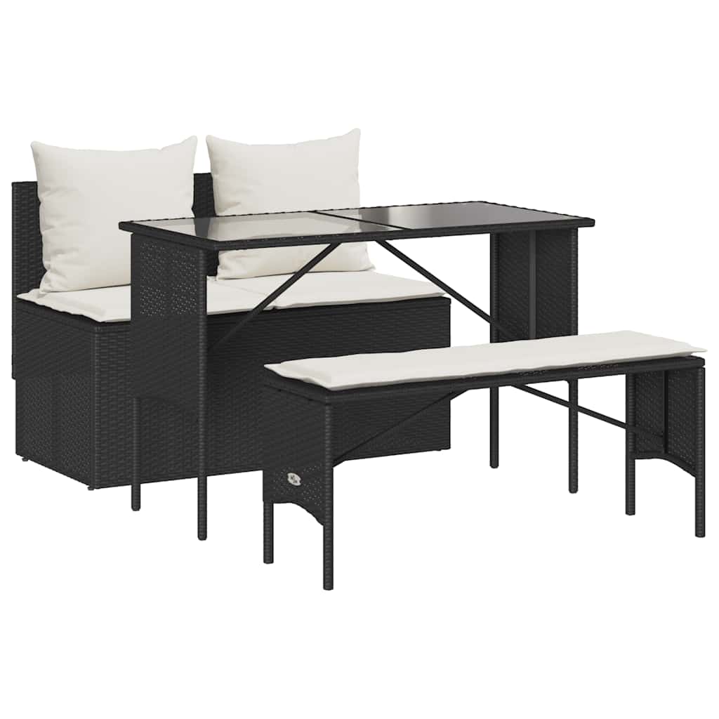 3 Piece Outdoor Dining Set with Cushions Black Poly Rattan
