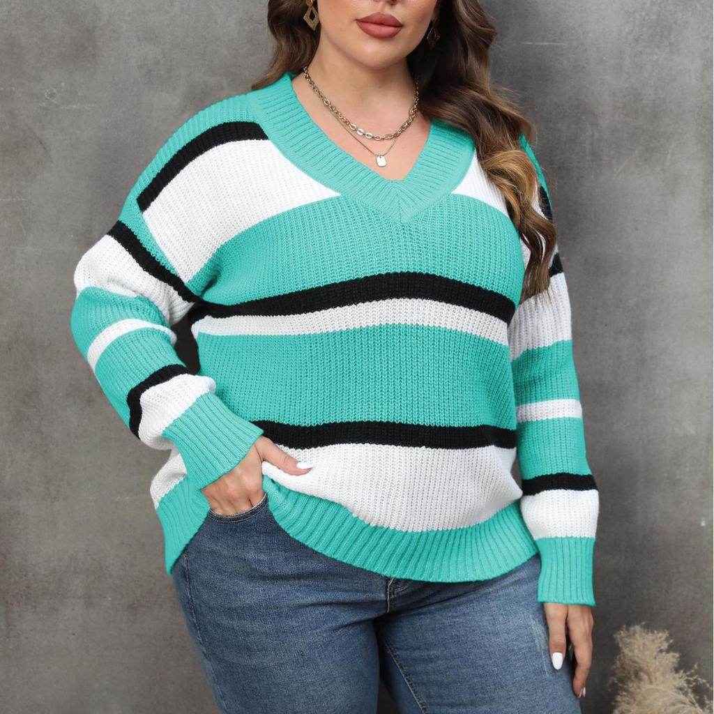 Women's Plus Size Pullover Fall New V Neck Color Patchwork Fashion Sweater