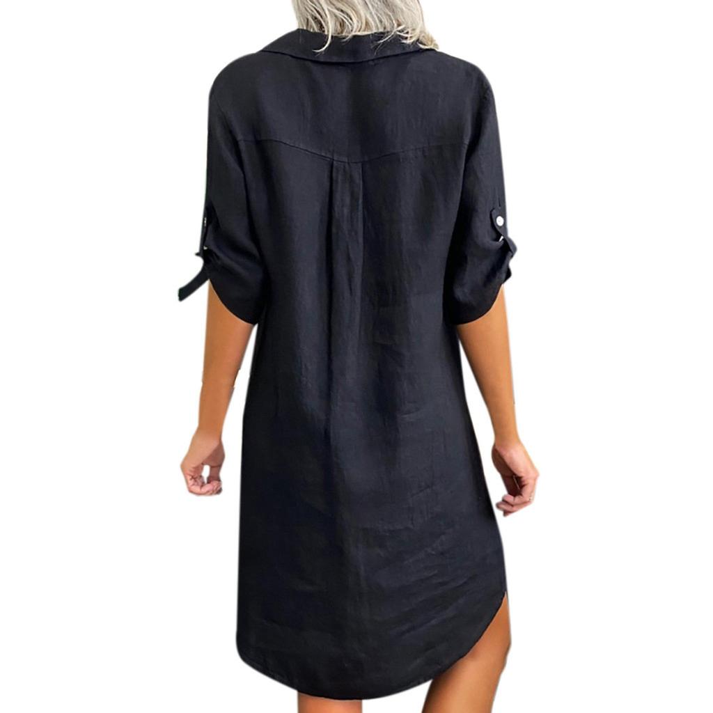 Women Fashion Plus Size Solid Cotton Linen Turn Down Collar Loose Shirt Dress