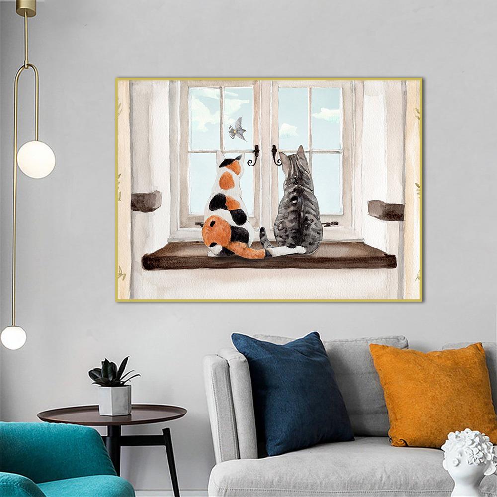 Window Cats Cartoon Painting Canvas Print Modern Wall Animal Art Poster Warm Picture for Lovers Living Room Home Decor Cuadros