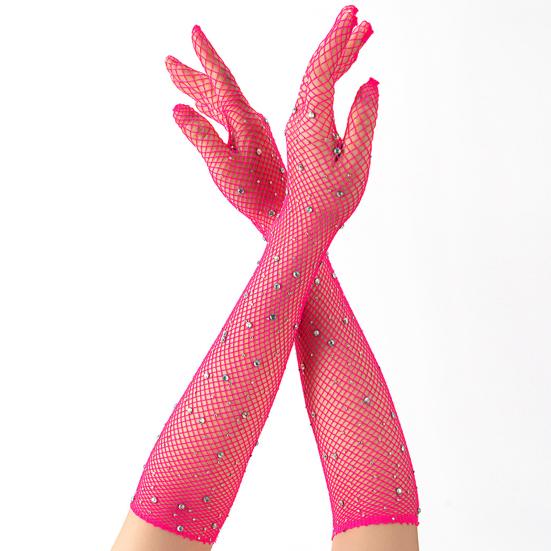 Long Rhinestone Fishnet Gloves for Women Sparkly Mesh Elbow Length Gloves for Rave Party Halloween Wedding Costume Accessories