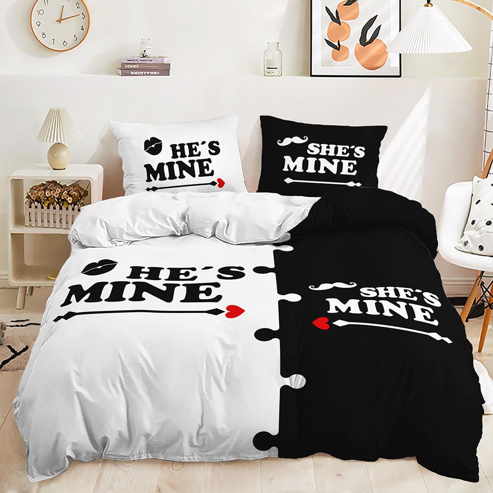 Three-Piece Black And White Series Couple Quilt Cover Digital Printing Bedding Kit