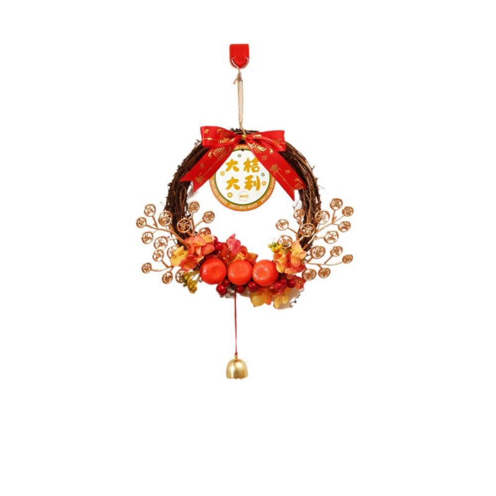Traditional Chinese New Year Wreath Decorative Rattan Hanging Wreath Exquisite with Bell Artificial Floral Wreath Holiday Party