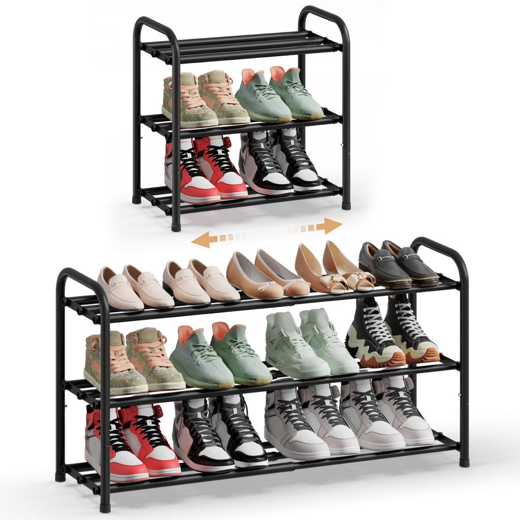 SONGMICS Expandable Shoe Rack, Shoe Storage Organiser, Adjustable Shelves, Sturdy and Heavy-Duty, for Hallway, Closet, Living Room, 3-Tier, Ink Black