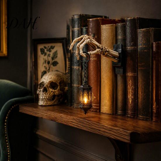 Dark Themed Interior Decor Skeleton Hand Lantern Shelf Light, Warm LED Library Nightlight, Gothic Vintage Decorative Mini Bookshelf Lamp for Halloween