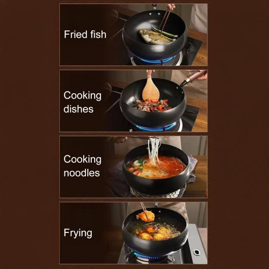 Forged Iron Wok with Wooden Lid Nonstick Skillet Pot Even Heating Fry Pan for Gas Stove Induction Cooker Ergonomic Handle Cooking Pot