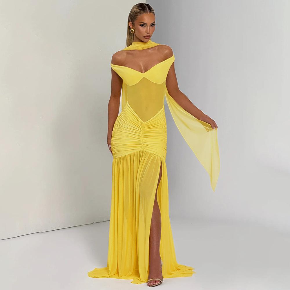 Sexy Tube Top Halter Dress Fashion Temperament Mesh Pleated Split Hip Wrap Dress