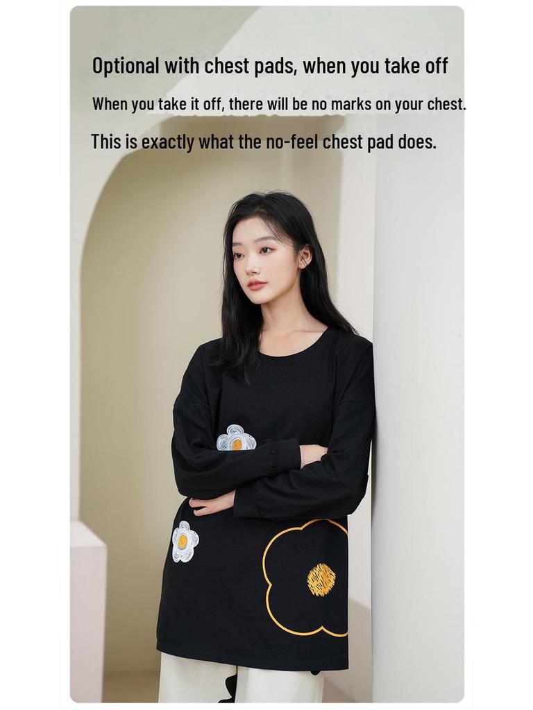 Женский пижамный комплект из чистого хлопка с длинными рукавами и нагрудными накладками — большой размер, весна/осень 2025 г.