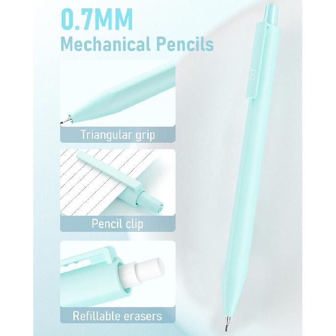 6PCS 0.7mm Mechanical Pencils Set with Case, Cute Pastel Mechanical Pencil with 240PCS HB Lead Refills, 3 Erasers, Aesthetic Back to School Supplies