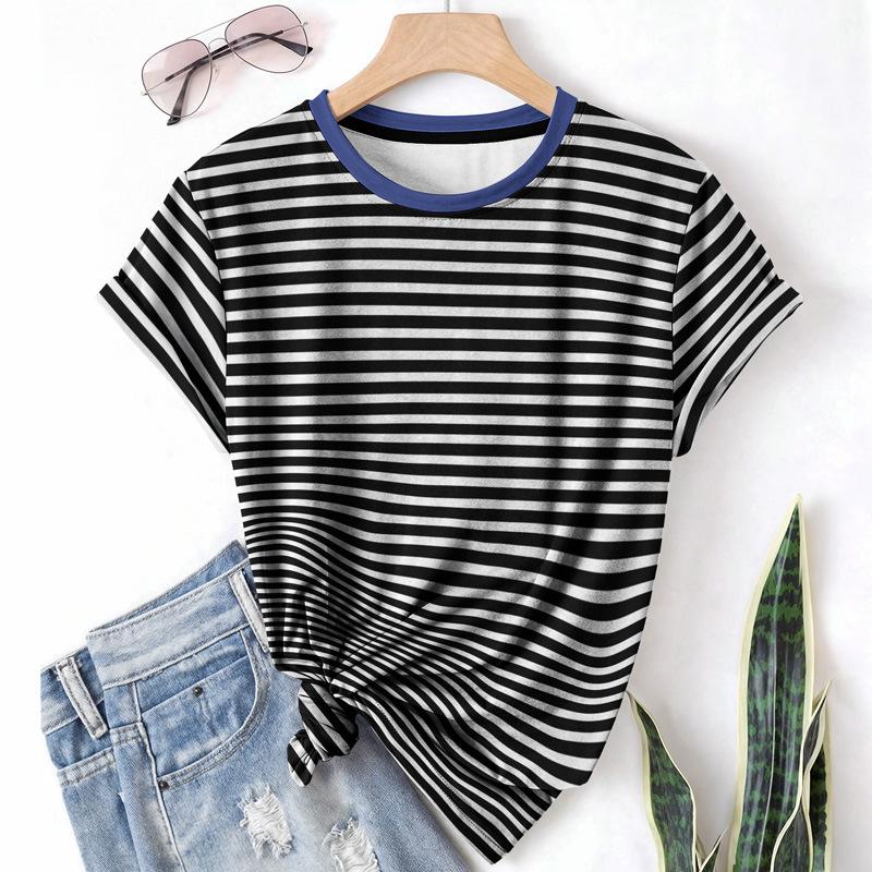 Striped Casual Sports Women's T-shirt Summer Round Neck Short Sleeved Element Pattern Checkered Loose Fit T-shirts