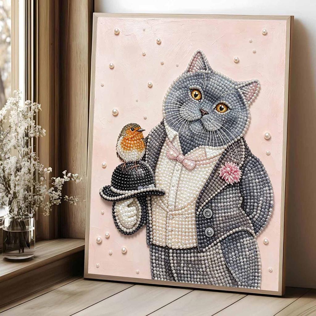 Расслабляющий DIY набор для рисования жемчугом в рамке с дизайном стильного кота и птицы, 5D сверкающий холст с бусинами, поделка для декора детской комнаты, подарок