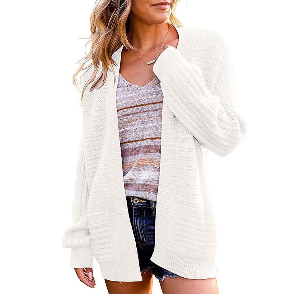 Women's Cardigan Solid Color Knit Sweater Cutout Knit Sweater Jacket With Pockets