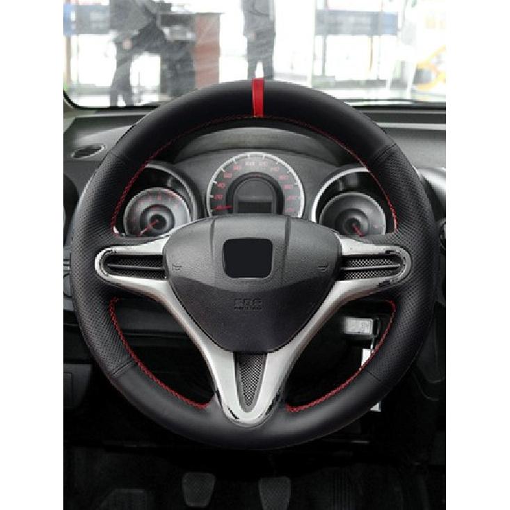 Black Leather Red Bar Steering Wheel Cover For Honda Fit Jazz City 09-13 ight
