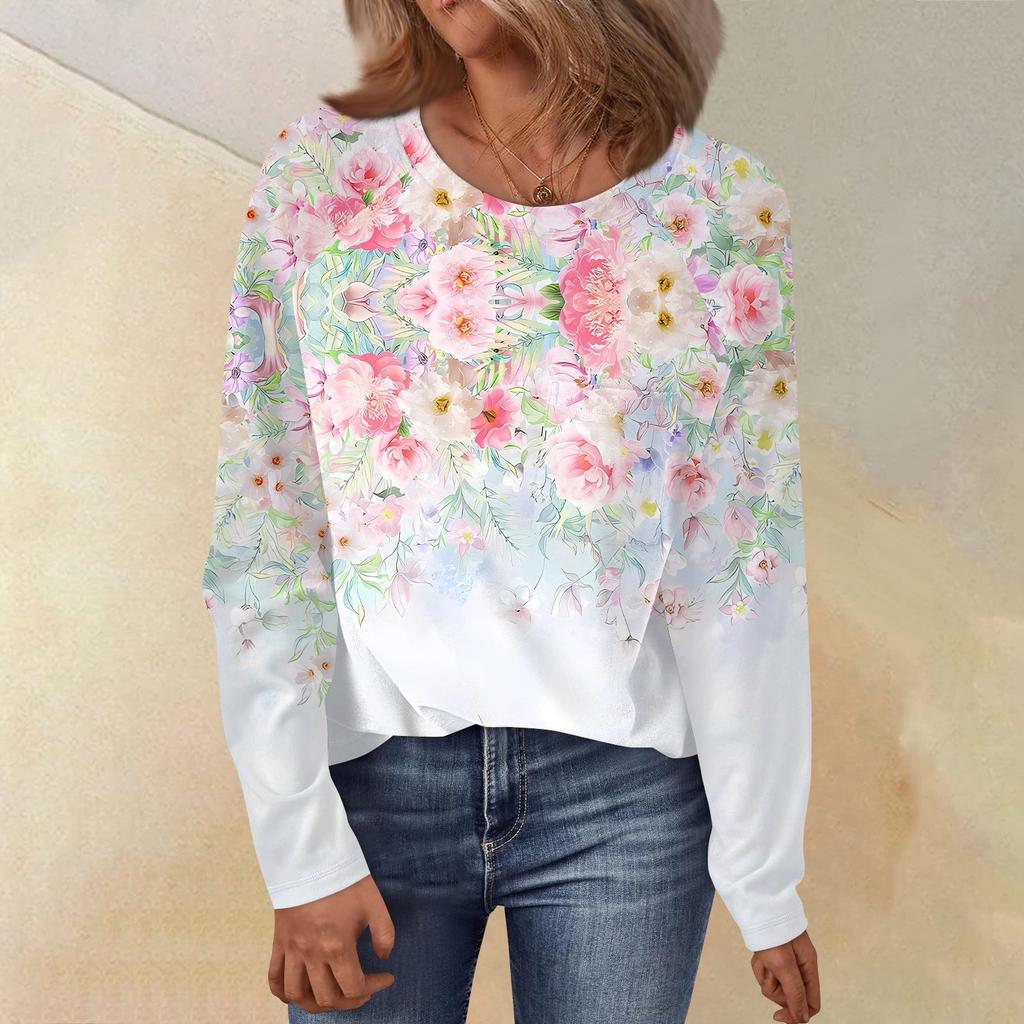 Женский свободный топ с круглым вырезом, цветочным принтом и длинными рукавами