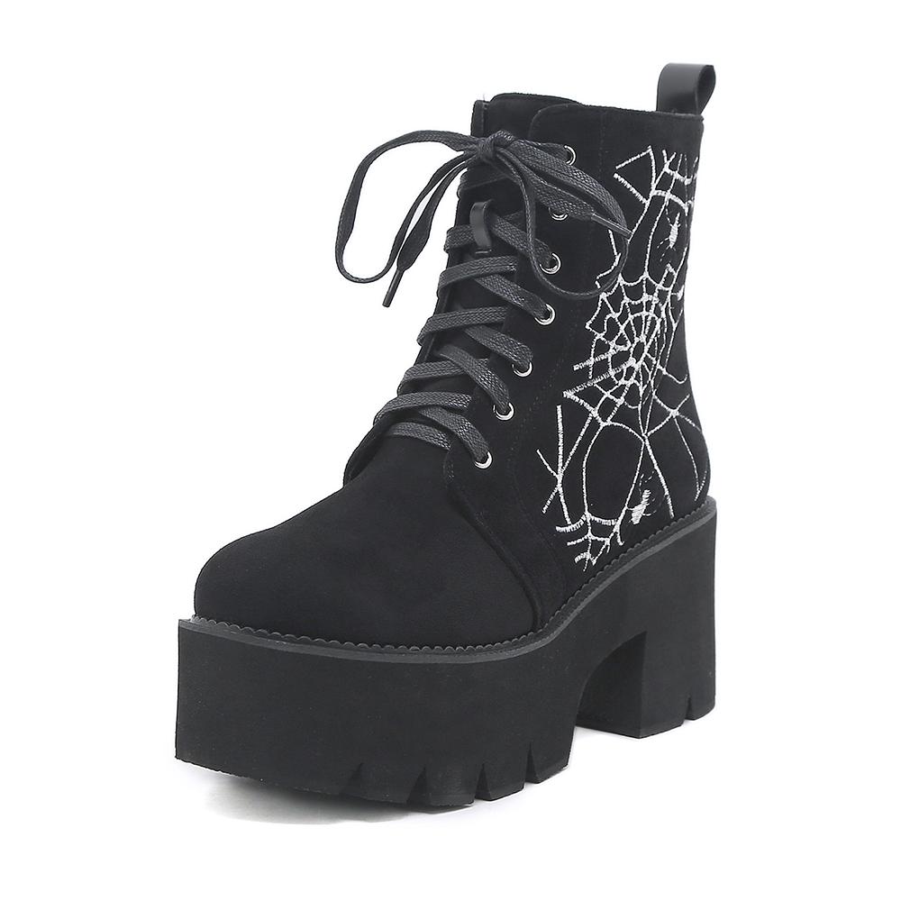 Gdgydh Women's Spider Pattern Chunky Heel Boots Fashion Lace Up Side Zipper Stylish Punk Style Boots Platform Heels