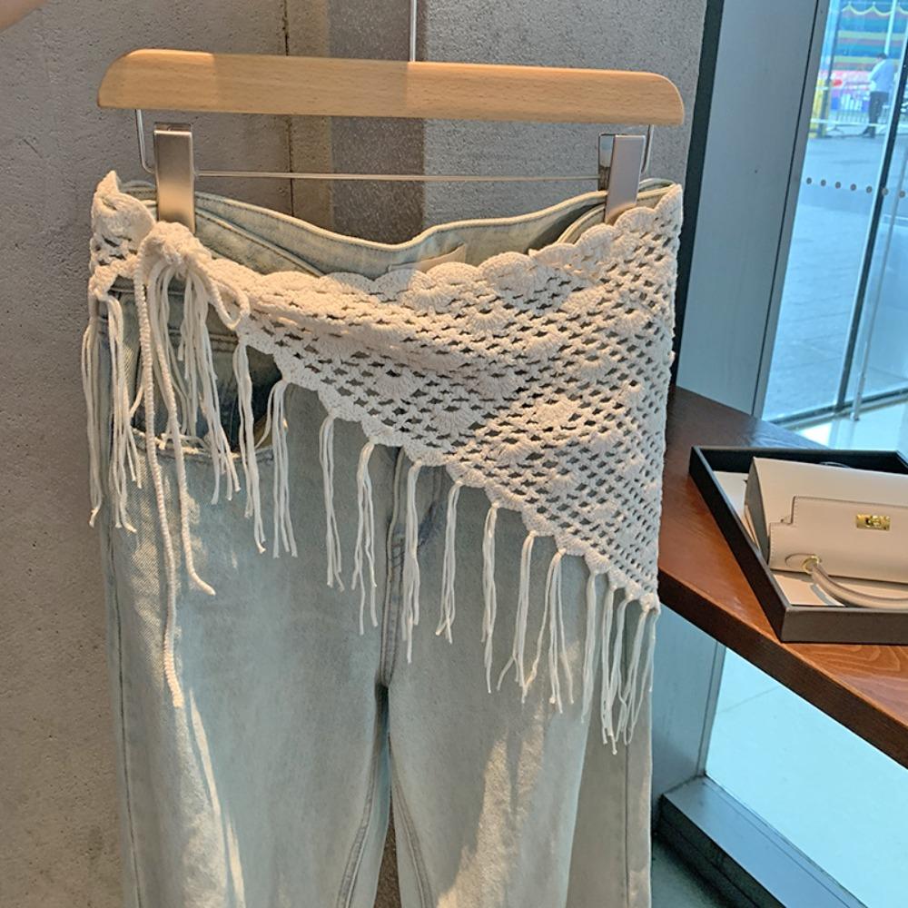 Bohemian Tassel Knitted Triangle Scarf Countryside Style Ethnic Style Crochet Flower Scarves Clothes Decoration White