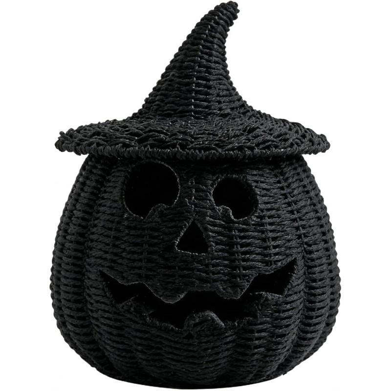 Halloween Woven Seagrass Pumpkin for Spooky Candy Storage and Home Decor, Black Handcrafted Witch Hat Woven Seagrass Jack-O-Lantern for LED Candy