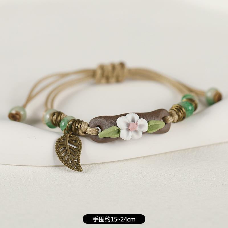 Retro Ceramic Flower Woven Bracelet Niche Literary Hand Rope Small Fresh Bell Bracelet Female