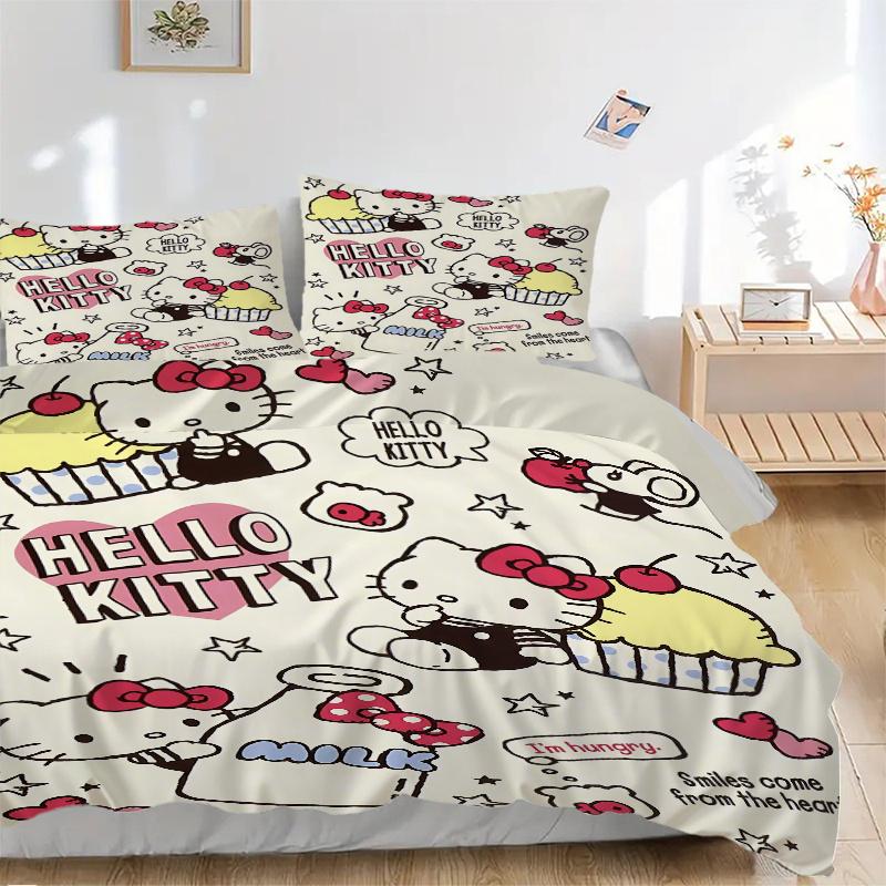 3pcs Dessert Design Hello Kitty Quilt Set Cartoon Themed Bed Quilt Set Lovely Character Bedroom Decor Bed Quilt Set Four Seasons (1 Cover + 2Pill