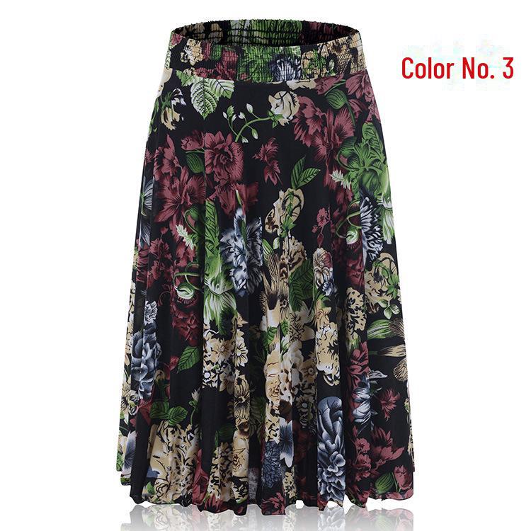 Women's Summer Floral Ice Silk Pleated Skirt - Mid-Length with Elastic Waist