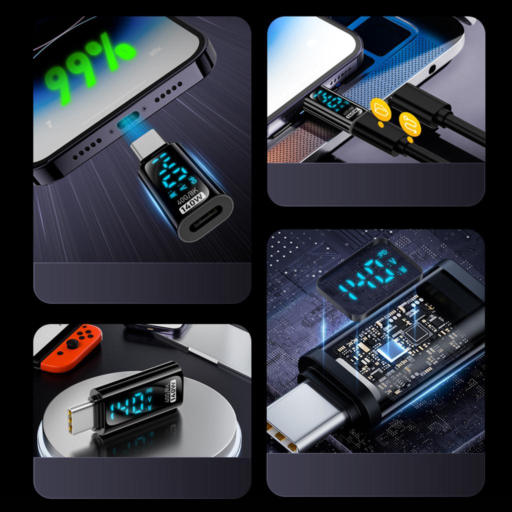 Адаптер-удлинитель USB C с LED-дисплеем, быстрая зарядка 140 Вт, передача данных 40 Гбит/с, поддержка для смартфонов, планшетов, ноутбуков