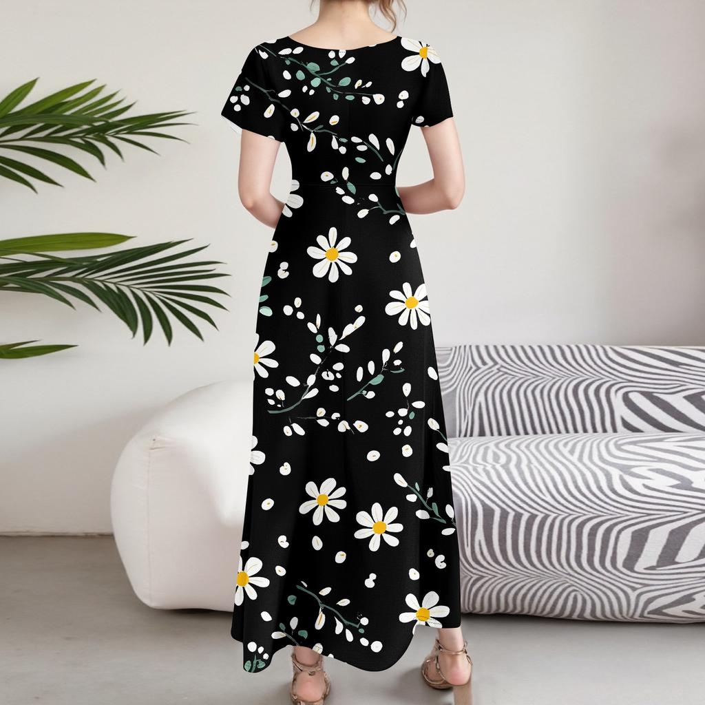 Женские повседневные модные длинные платья с принтом, платья с V-образным вырезом и коротким рукавом