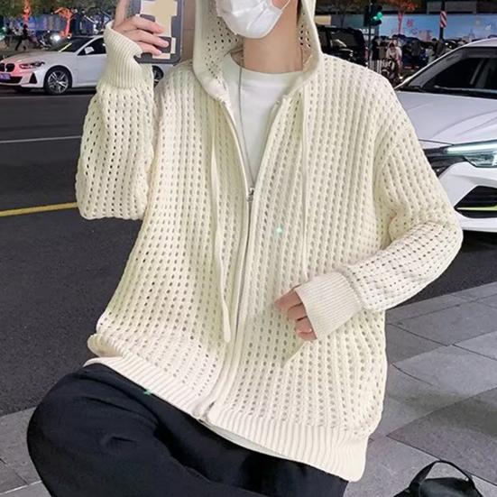 Мужской свитер с длинным рукавом, на молнии, однотонный, с ажурным дизайном, супермягкий, декоративный, полиэстер, мужской свитер-пальто с капюшоном, осень