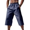 Breathable Lightweight Men Linen Cropped Capri Pants, Elastic Waist Drawstring Wide Leg 7/8 Shorts, Multi Color Casual Beach Pocket Trousers