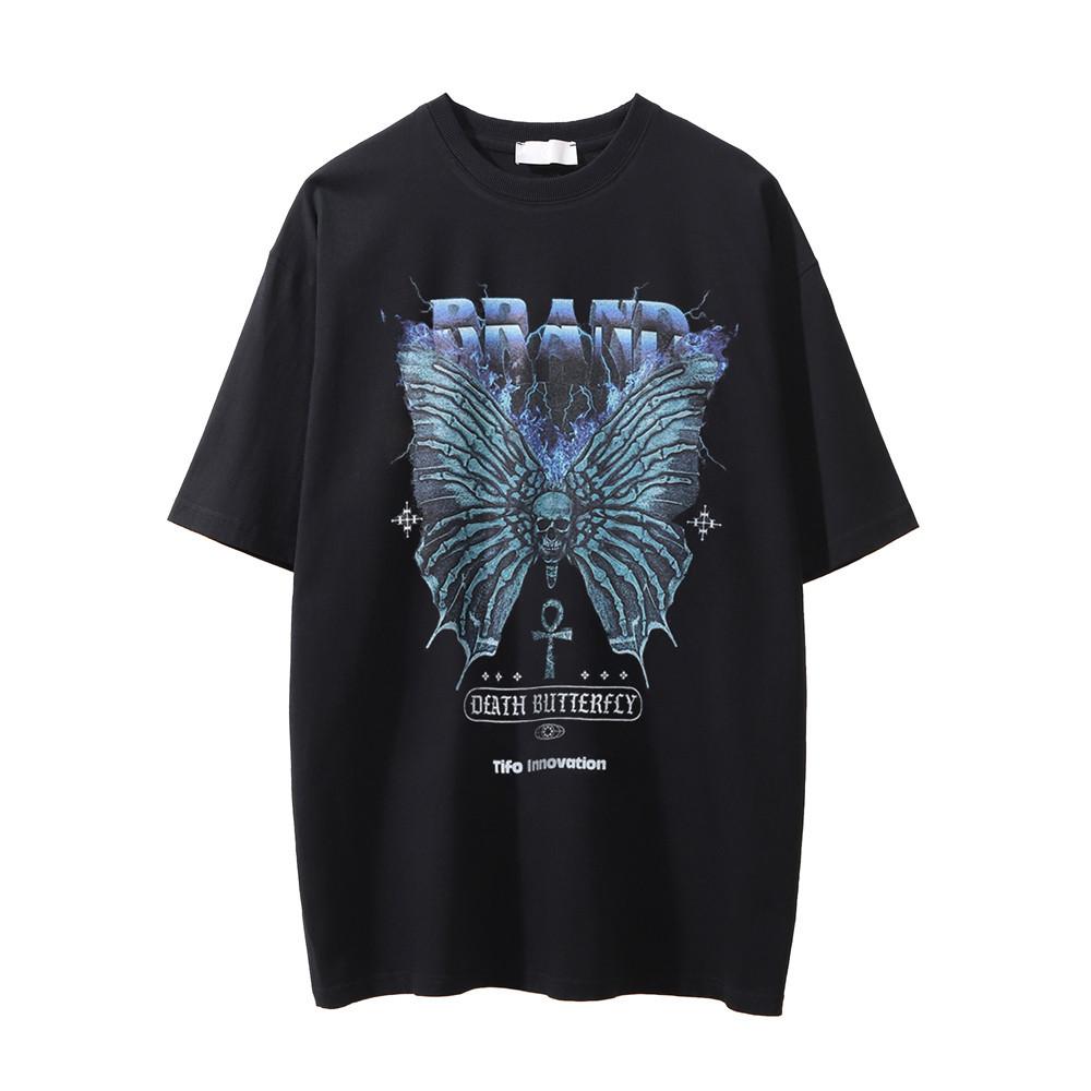 Футболка с короткими рукавами и принтом черепа и дьявола для мужчин из Instagram, Европы и Америки, уличная футболка с круглым вырезом и рукавом 5/4, летняя свободная футболка в стиле научной фантастики