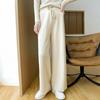 Women Long Pants Elastic High Waist Wide-Leg Knitted Pants with Pockets Solid Color Autumn Winter Warm Trousers