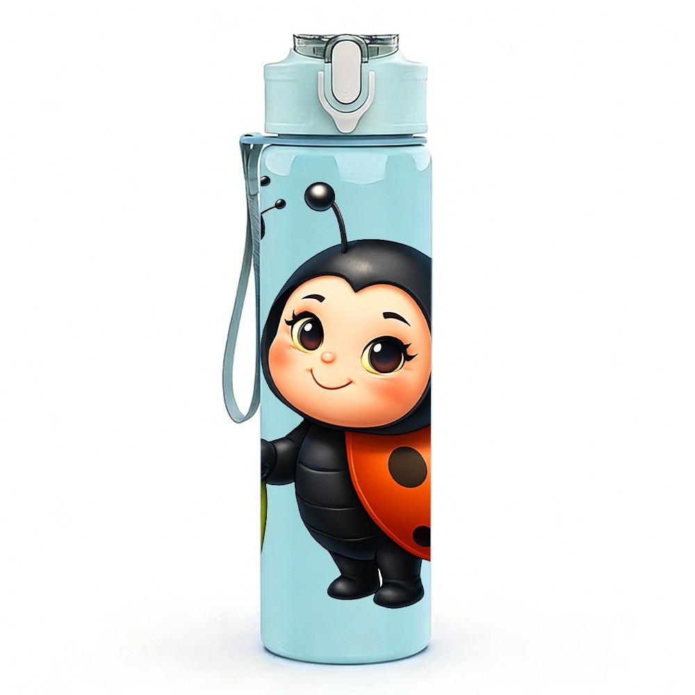 1PC Ladybug Insect Flower Cartoon Print 750ml Color Plastic Sports Water Bottle Leakproof Flip Straw Lid Suitable for Sports Office Home Use