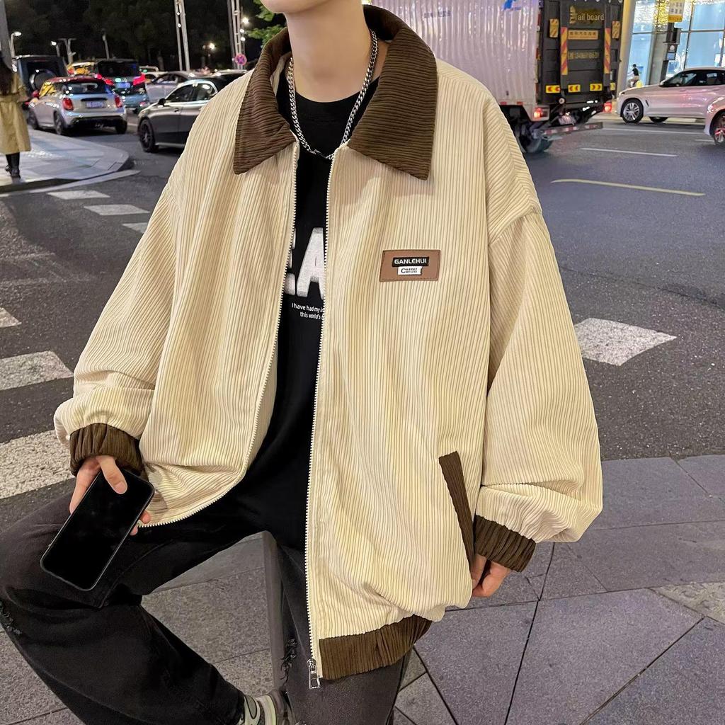 2024 Весна и Осень Унисекс Ретро Вельветовая Куртка с Американскими Лацканами - Модный Наряд с Цветовыми Блоками для Пар