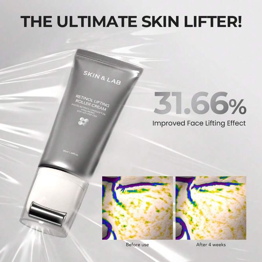 Skin&Lab Retinol Lifting Roller Cream With Massage Applicator 50ml, Vegan Anti Aging Face And Neck Cream For Reduce Wrinkles And Fine Line, For Face