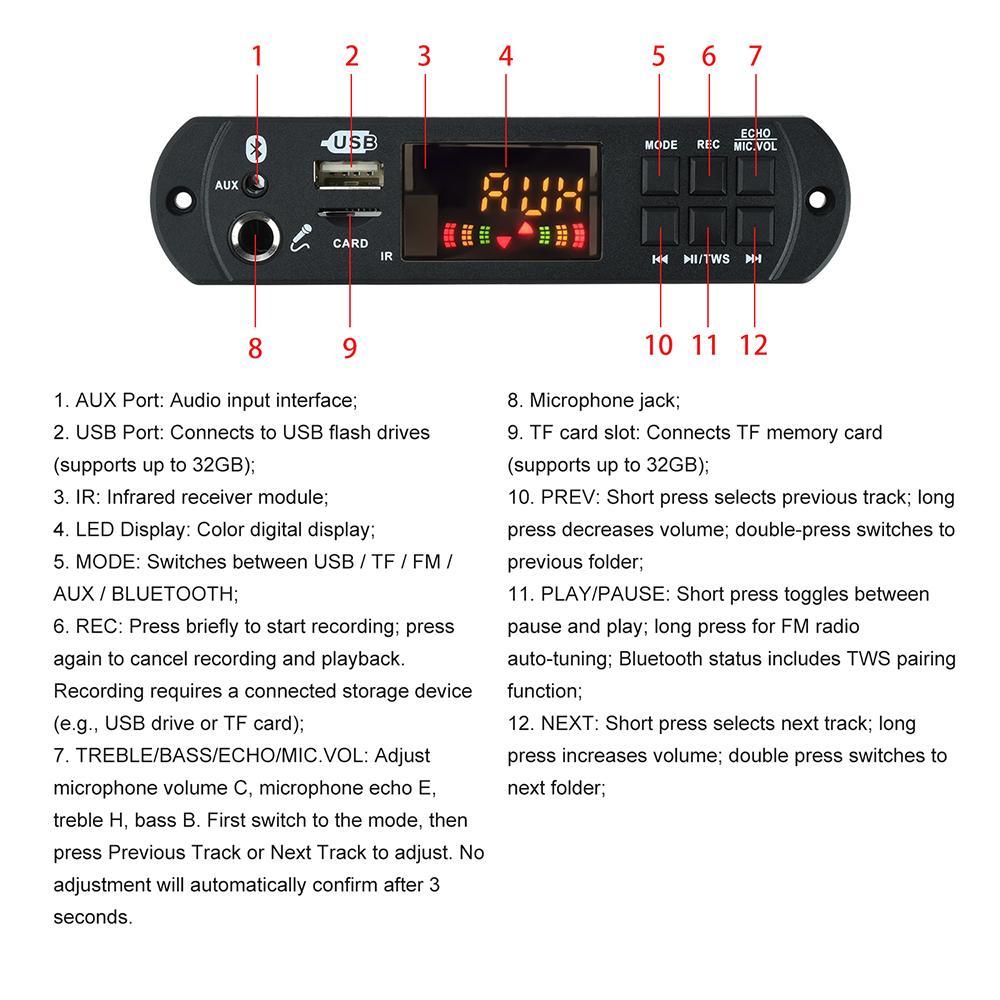100 Вт Bluetooth MP3 Декодер Плата 2*40 Вт Усилитель Аудио Плеер 12 В DIY MP3 Плеер Автомобильный FM Радио Модуль TF USB Микрофон Запись Звонка
