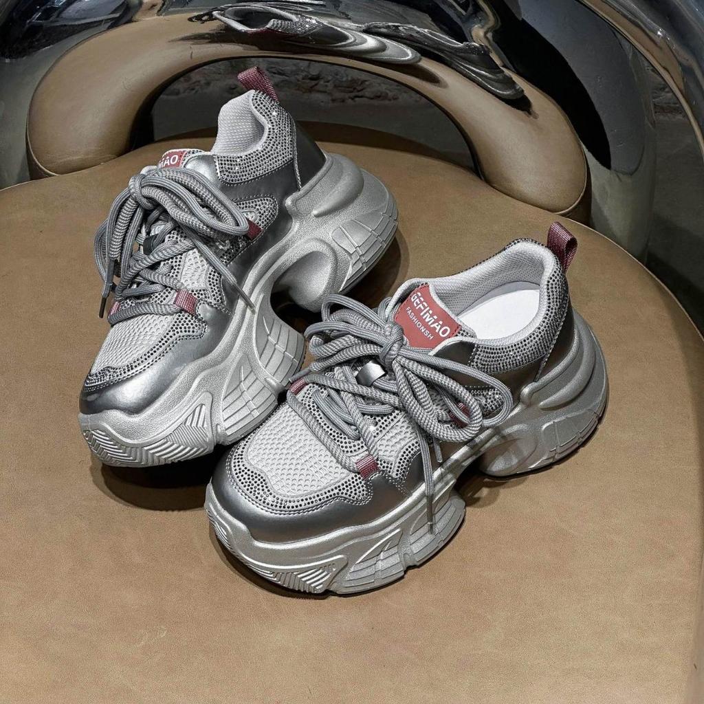 Silver Platform Versatile Dad Shoes Women's 2025 Spring New Heightening Muffin Women's Shoes Small Rhinestone Sneakers