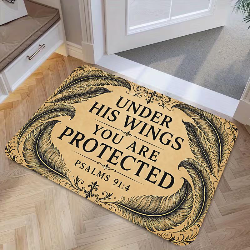 Vintage Psalm Scripture Feather Border Non Slip Front Door Mat Religious Faith Indoor Entryway Rug
