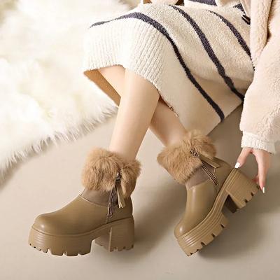 Модные женские зимние сапоги на платформе из меха 8 см, кожаные теплые хлопковые ботильоны для женщин, 2025, новый тренд, плюшевые мотоциклетные ботинки для женщин