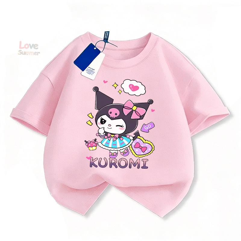 Весна-Лето 2026 Возраст 4-14 Футболка с принтом Kuromi для девочек Мягкая с коротким рукавом Милый принт Дышащая Повседневная Обычный крой Идеальная