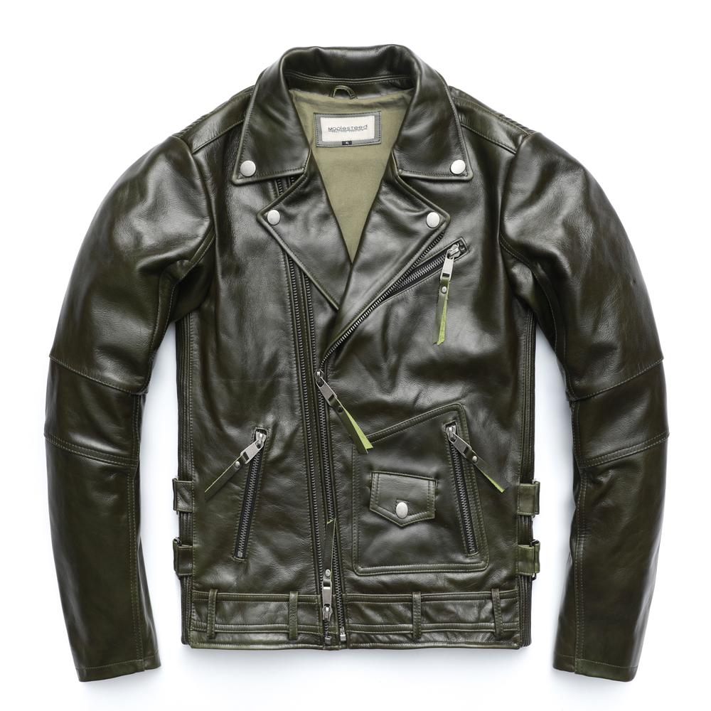 Chinese Size Unique Army Green Motorcycle Jacket Men Leather Jacket 100% Oil Wax Cowhide Motor Biker Jacket Male Leather Coat Winter M455