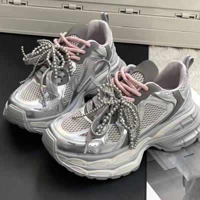 Мягкая кожа увеличивающие рост папины кроссовки женские новые маффины жемчужные шнурки серебристые повседневные туфли