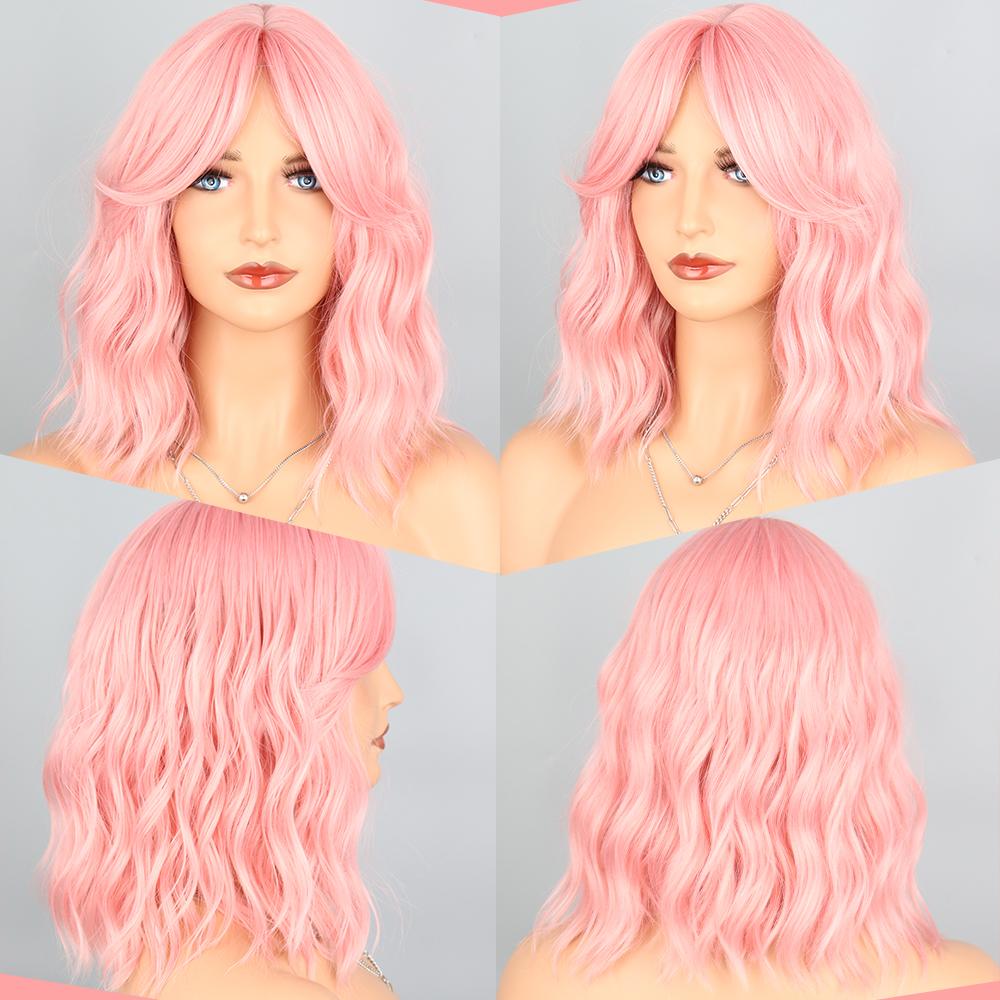 LISI HAIR Synthetic Hair Wig Pink Black Medium Wave Wig with Middle Part Bangs for Women Heat Resistant Fiber False Hair