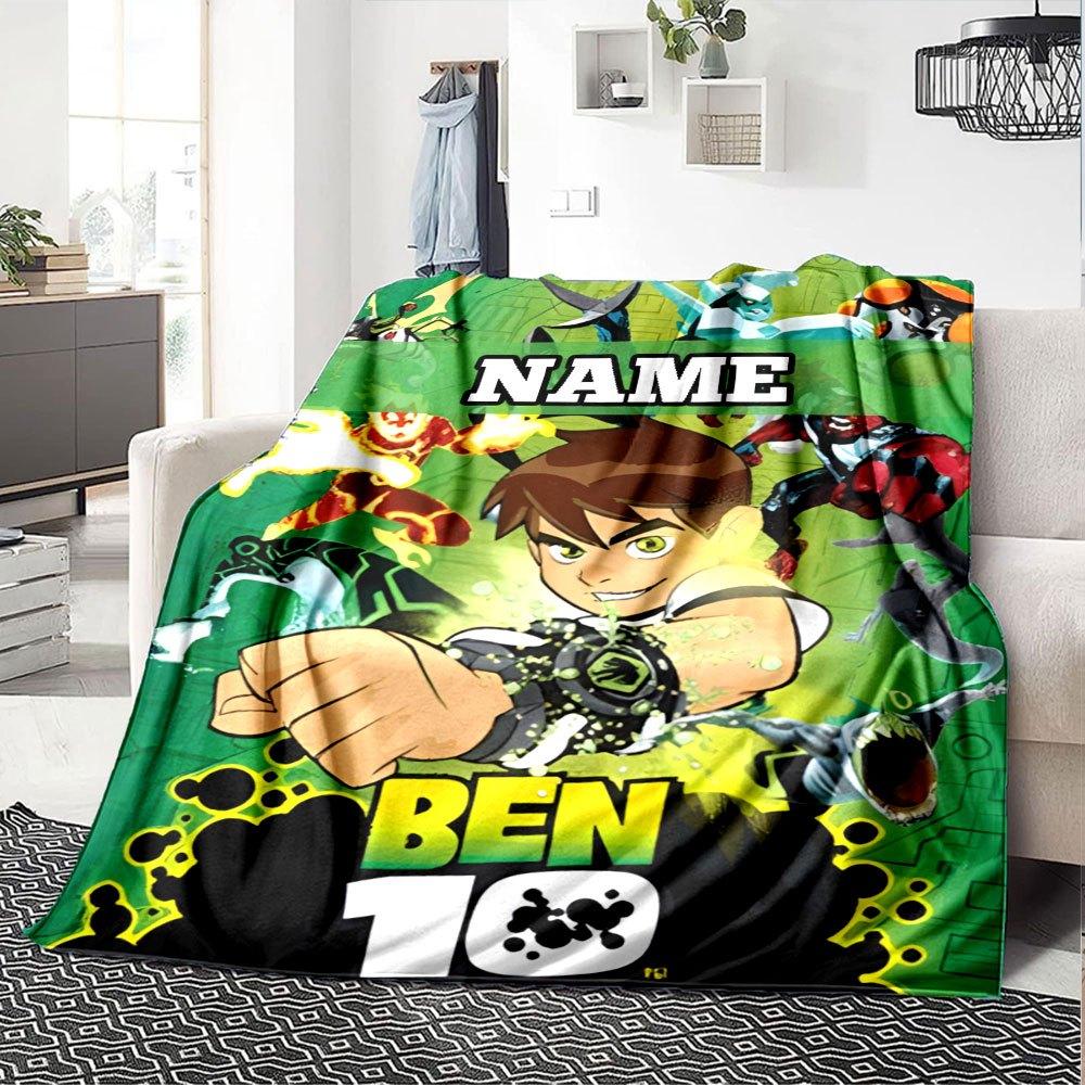 Ben 10 Characters And Placeholder On Green Background Cozy Customizable Blanket Customize Your Name Comfortable Texture Suitable For Sofa Couch Office