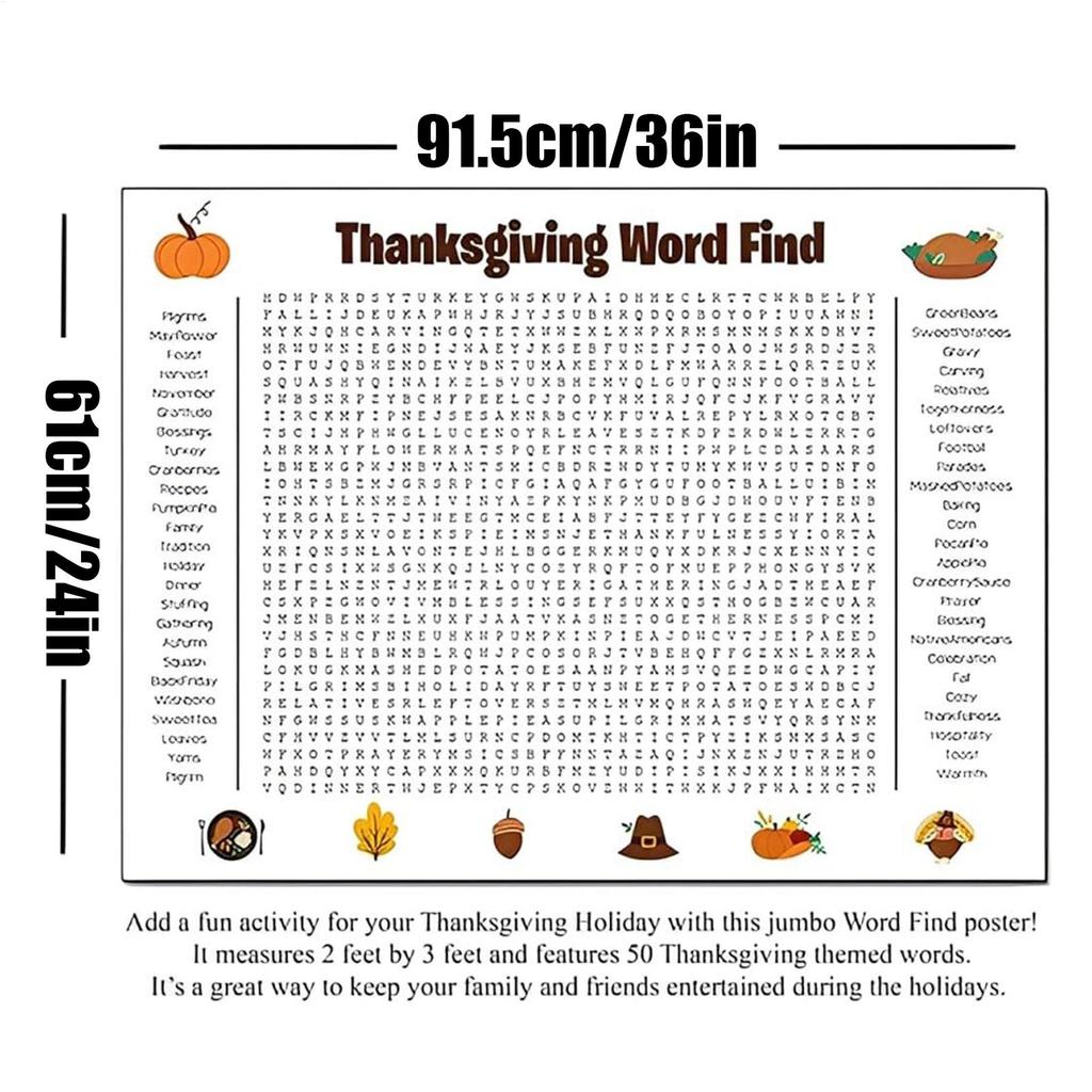 Giant Thanksgiving Word Search Poster 36"x24" Wall Game Giant Thanksgiving Poster For Christmas Word Scavenger Puzzle Decor
