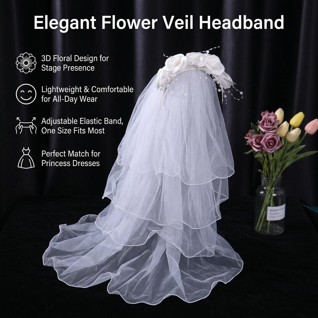 Korean Style Princess Flower Headband Veil for Kids Stage Performance with Comfortable Fit