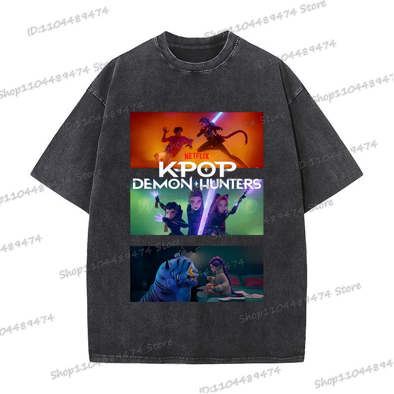 Новый фильм K-Pop Охотники на демонов Тигр Футболка Летняя Хлопковая Футболка с Коротким Рукавом для Женщин Мужчин Повседневная Постиранная Винтажная Футболка Топы
