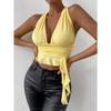 Summer Fashion Women's Casual Deep V Neck Sleeveless Vest Slim Fit Lace-up Backless Crop Tops Elegant Halter Neck Solid Color Casual Simple Tank Tops