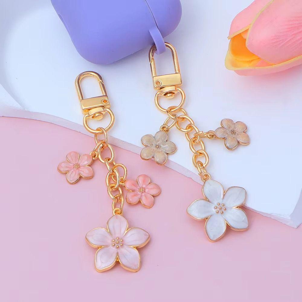 Alloy Cherry Blossom Keychain Enamel Coating Pearl Drop Keyring Lovely Flower Key Holder Daily Use