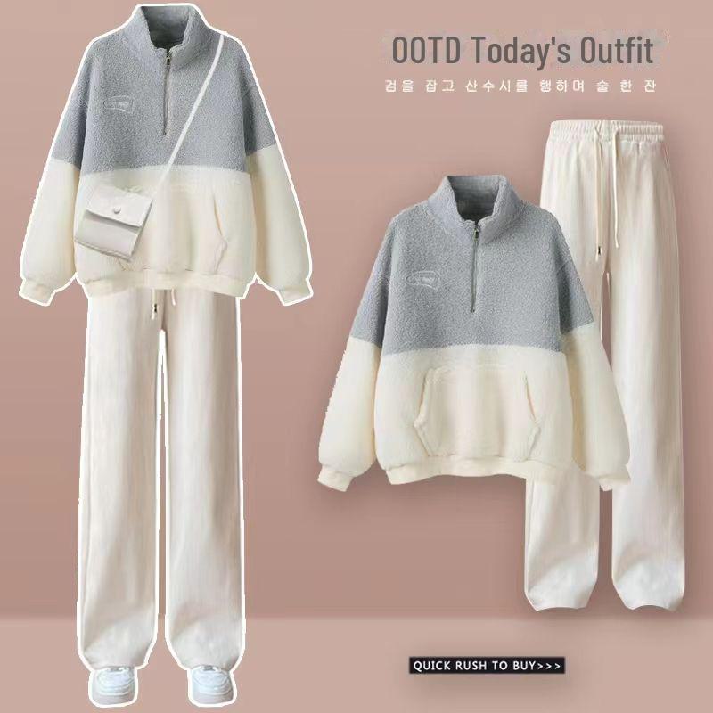 Women's Cozy Lamb Wool Two-Piece Suit: Plush Outerwear with Wide-Leg Pants for Autumn and Winter