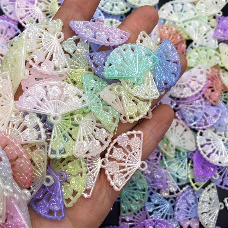 30pcs Mixed Color Acrylic Fan Pendant, Ancient Style Hollow Fan DIY Mobile Phone Case Hairpin Jewelry Accessories