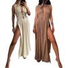 Летнее длинное платье с глубоким V-образным вырезом, без рукавов, на шнуровке, с поясом на талии, ажурное в богемном стиле, плиссированное, с разрезом, пляжное платье макси для отпуска